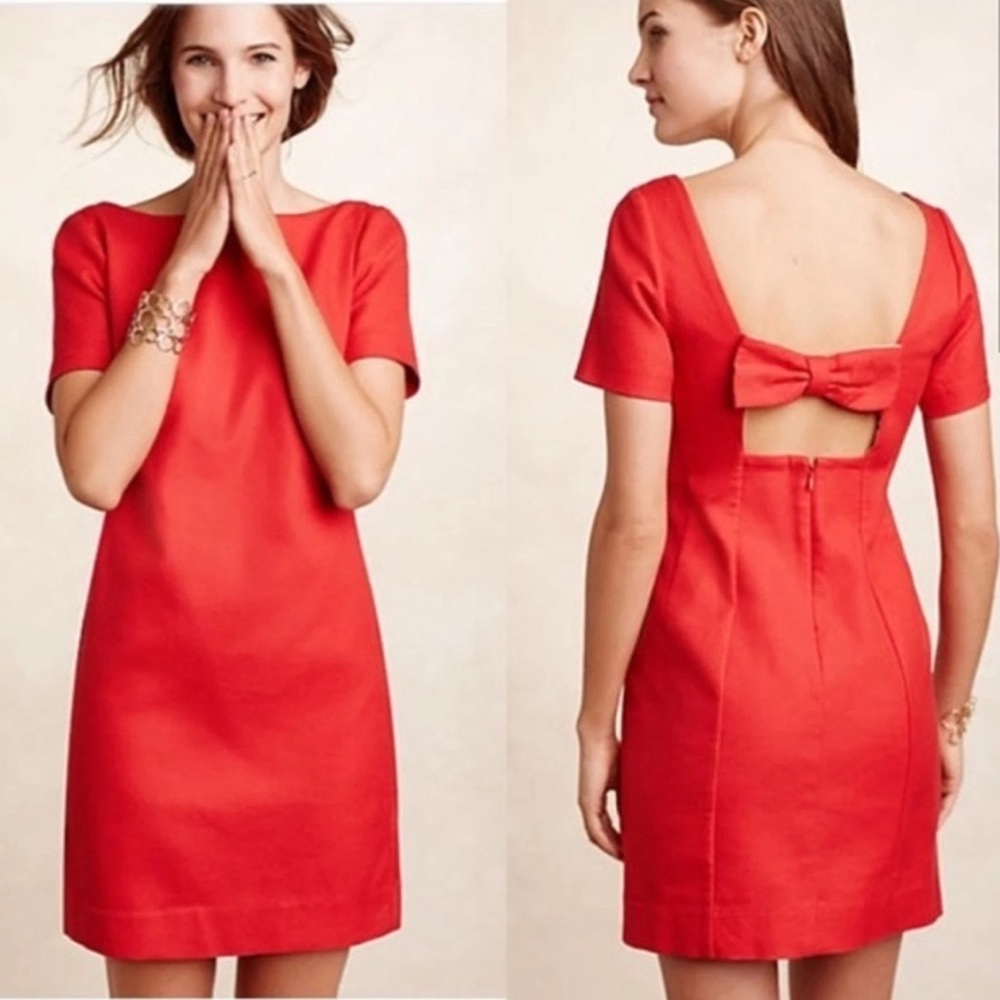 Maeve Red Short-Sleeve Bow-Back Shift Dress